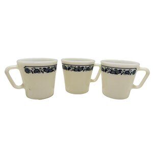 Set of 3 PYREX Old Town Blue Onion #1410 Milk Glass Coffee Cups Mugs 1970's USA